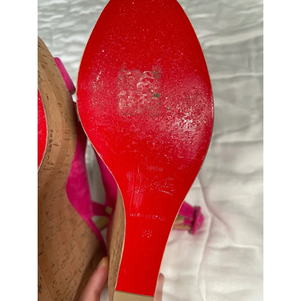 Christian Louboutin Pink Suede Cork Platform Wedge Sandals Size 38 Red Bottoms